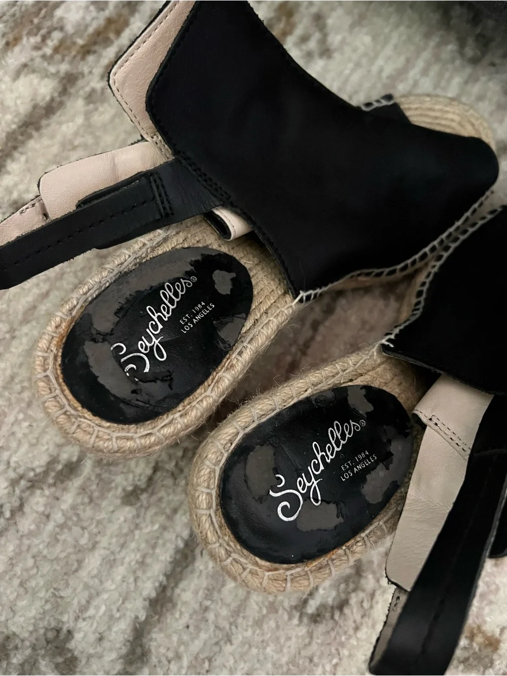 Seychelles Black Leather Espadrille Wedge Sandals